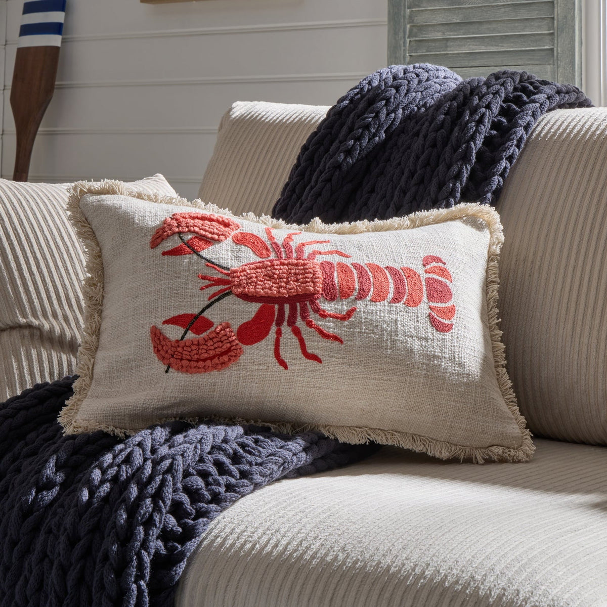 100% Cotton Embroidered Loop Lobster Sofa Cushion Cover - Stone/ Red - DUSK