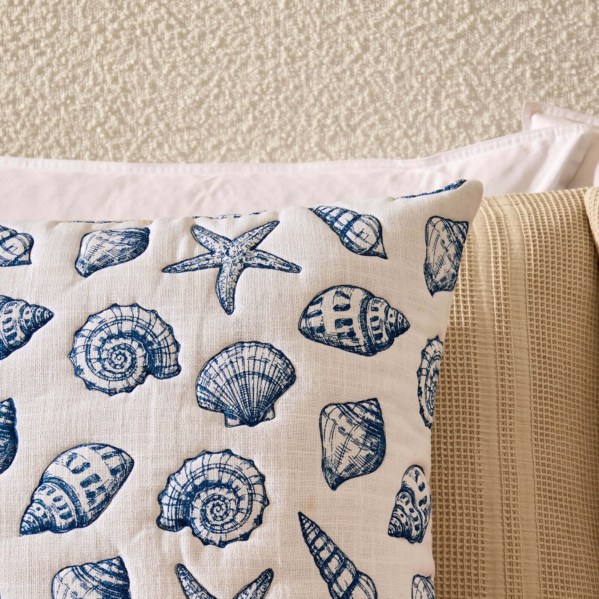 100% Cotton Stitched Seashell Cushion Cover - Natural/ Blue - DUSK