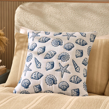 100% Cotton Stitched Seashell Cushion Cover - Natural/ Blue - DUSK