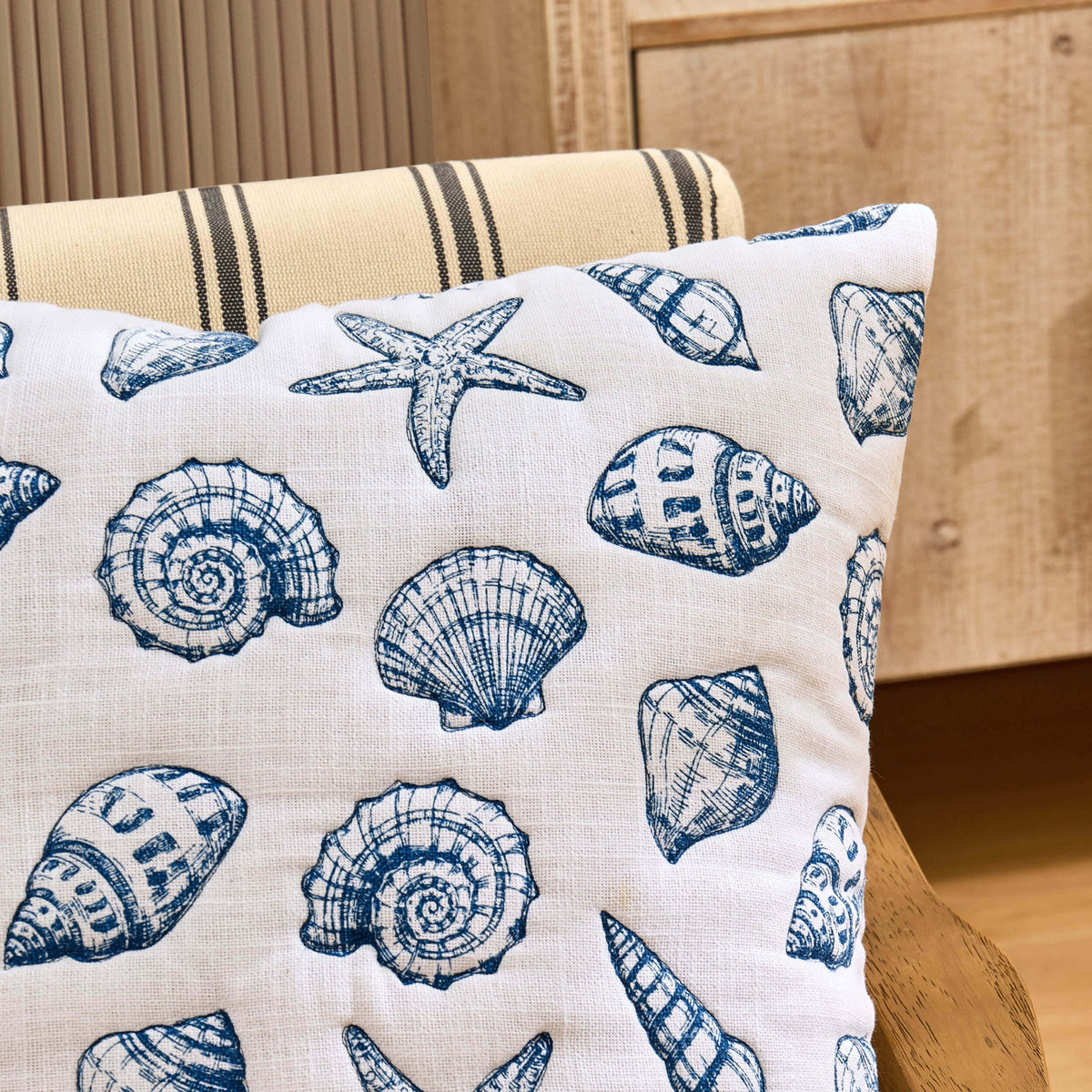 100% Cotton Stitched Seashell Sofa Cushion Cover - Natural/ Blue - DUSK
