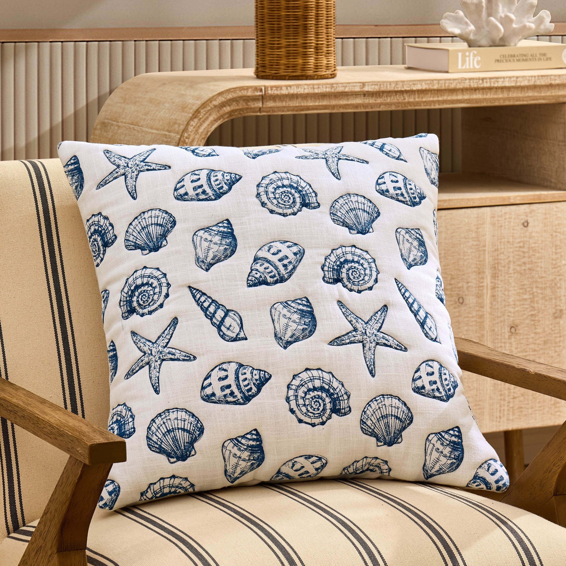 100% Cotton Stitched Seashell Sofa Cushion Cover - Natural/ Blue - DUSK
