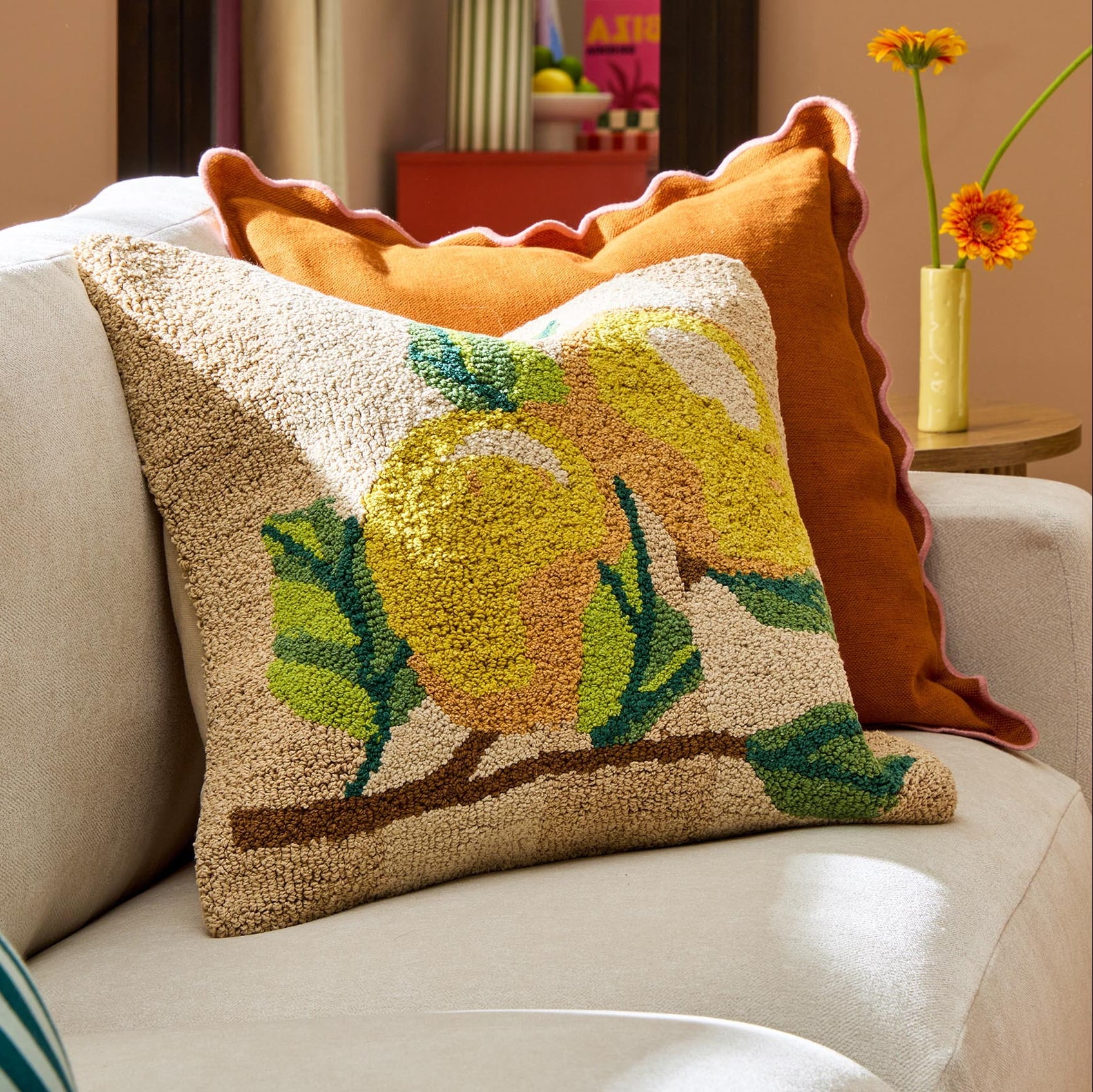 100% Cotton Tufted Loop Lemon Sofa Cushion Cover- Yellow/Natural - DUSK
