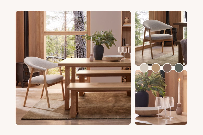 Dining room with wooden table and chairs, featuring a colour palette on the right.