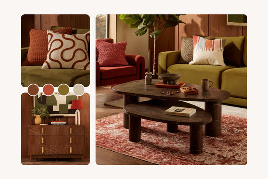 Collage of living room furniture including sofas, coffee table, and decor items with 'Explore Living' text.