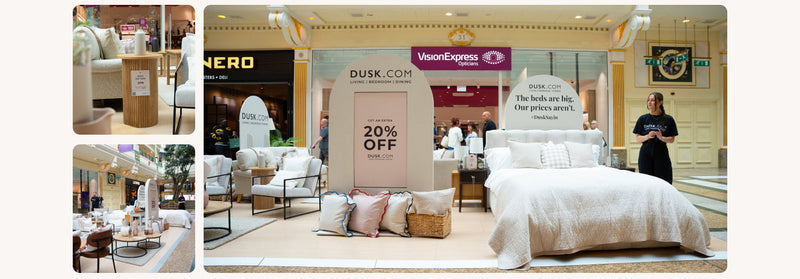 Collage of a bedroom scene in a shopping centre with furniture and a person, featuring a 'Dusk' sign