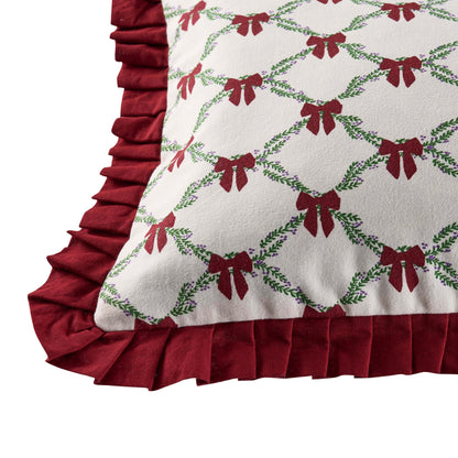 Christmas Bow Frill Edge 100% Cotton Cushion Cover - Burgundy