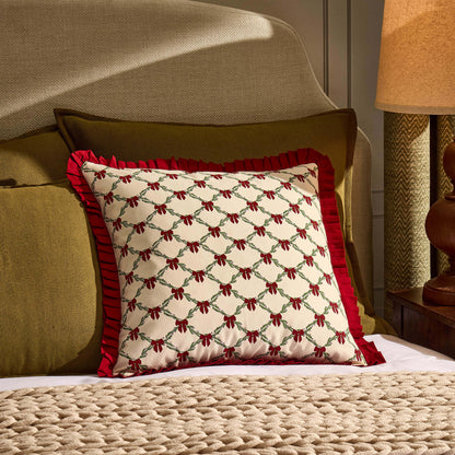 Christmas Bow Frill Edge 100% Cotton Cushion Cover - Burgundy