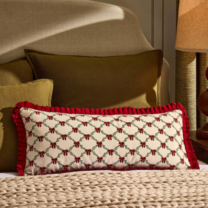 Christmas Bow Frill Edge 100% Cotton Cushion Cover - Burgundy