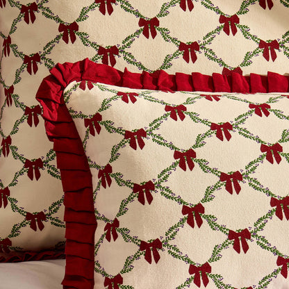 Christmas Bow Frill Edge 100% Cotton Cushion Cover - Burgundy