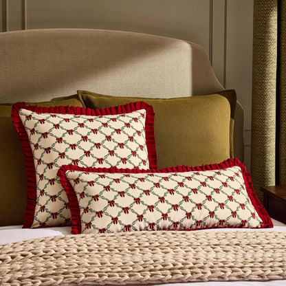 Christmas Bow Frill Edge 100% Cotton Cushion Cover - Burgundy