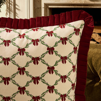 Christmas Bow Frill Edge 100% Cotton Sofa Cushion Cover - Burgundy