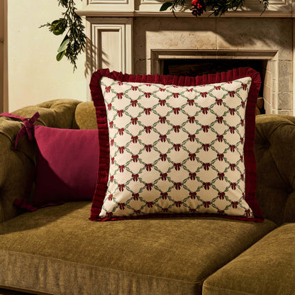 Christmas Bow Frill Edge 100% Cotton Sofa Cushion Cover - Burgundy