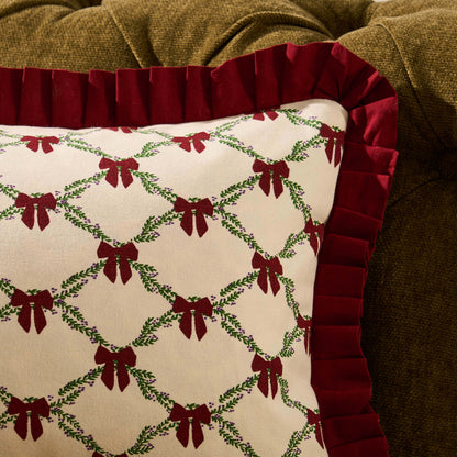 Christmas Bow Frill Edge 100% Cotton Sofa Cushion Cover - Burgundy