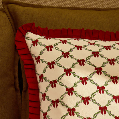 Christmas Bow Frill Edge 100% Cotton Sofa Cushion Cover - Burgundy