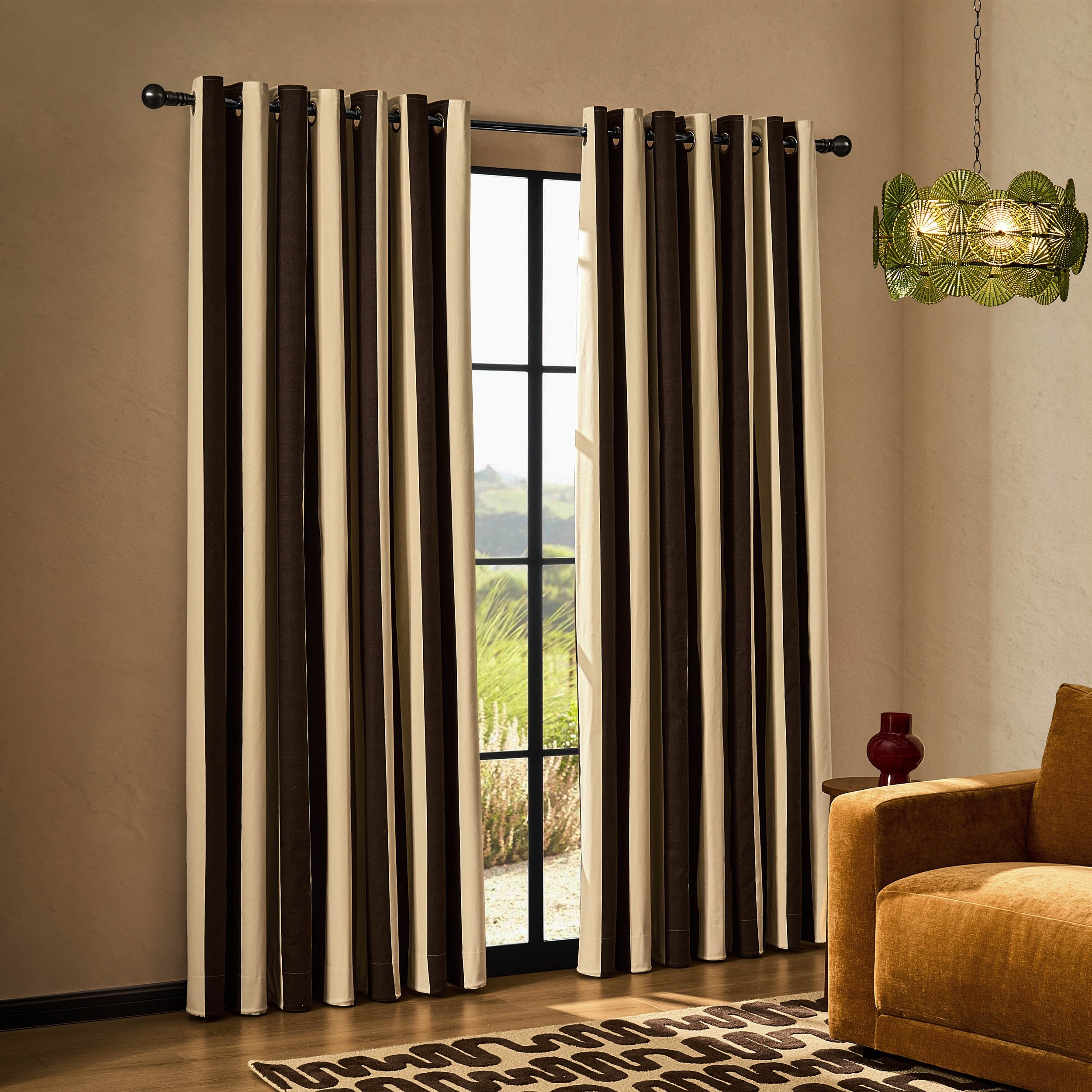Chunky Stripe Pair of Eyelet Curtains - Brown