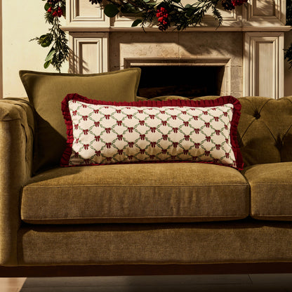Christmas Bow Frill Edge 100% Cotton Sofa Cushion Cover - Burgundy