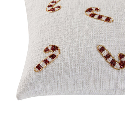 Beaded Candy Cane Christmas Cushion Cover - White