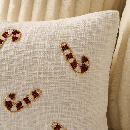 Beaded Candy Cane Christmas Cushion Cover - White