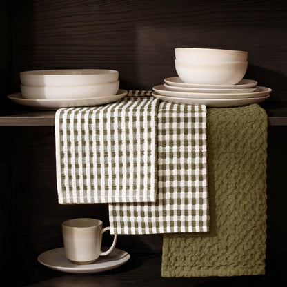 Delphine Waffle Set of 3 Tea Towels - Olive Green