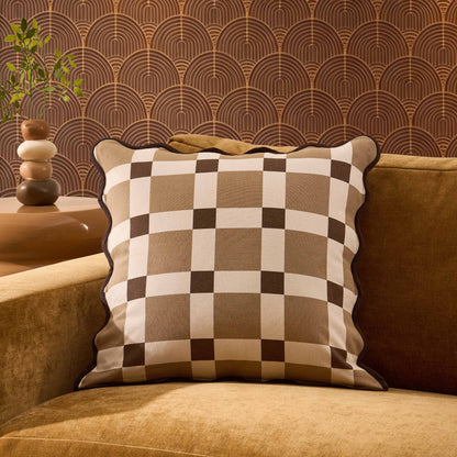 Delta Cotton Scallop Edge Checkerboard Sofa Cushion Cover - Brown