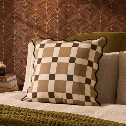 Delta Cotton Scallop Edge Checkerboard Cushion Cover - Brown