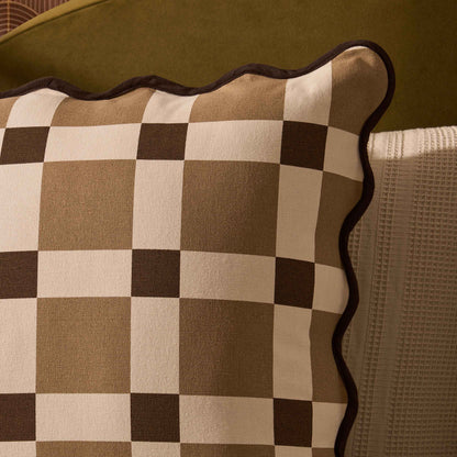 Delta Cotton Scallop Edge Checkerboard Cushion Cover - Brown
