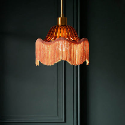 Esra Ribbed Glass Fringe Detail Ceiling Light - Pink