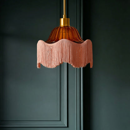 Esra Ribbed Glass Fringe Detail Ceiling Light - Pink