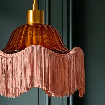 Esra Ribbed Glass Fringe Detail Ceiling Light - Pink