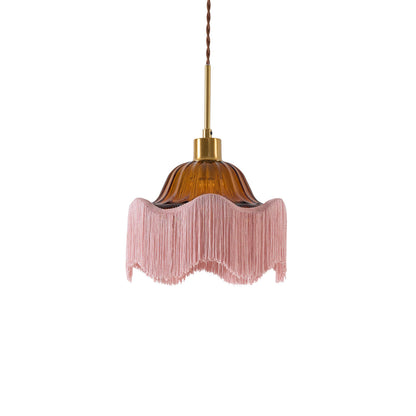 Esra Ribbed Glass Fringe Detail Ceiling Light - Pink