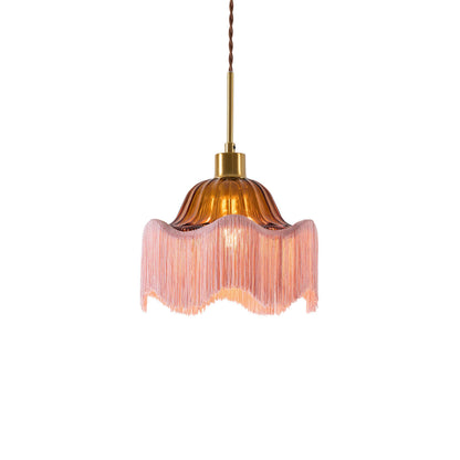 Esra Ribbed Glass Fringe Detail Ceiling Light - Pink