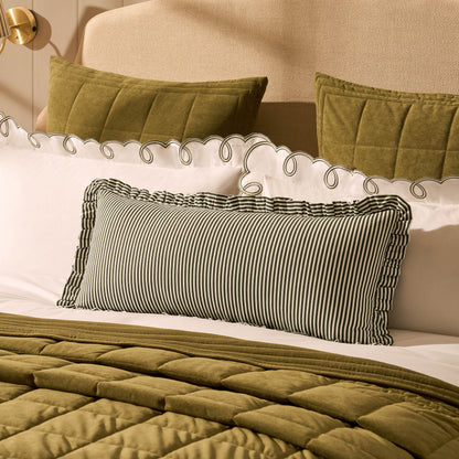 Lulu Cotton Frill Stripe Edge Cushion Cover - Forest Green