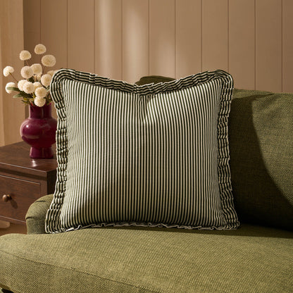Lulu Cotton Frill Stripe Edge Sofa Cushion Cover - Forest Green
