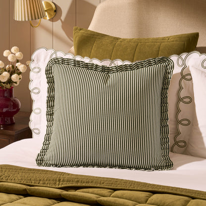 Lulu Cotton Frill Stripe Edge Cushion Cover - Forest Green