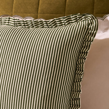 Lulu Cotton Frill Stripe Edge Cushion Cover - Forest Green