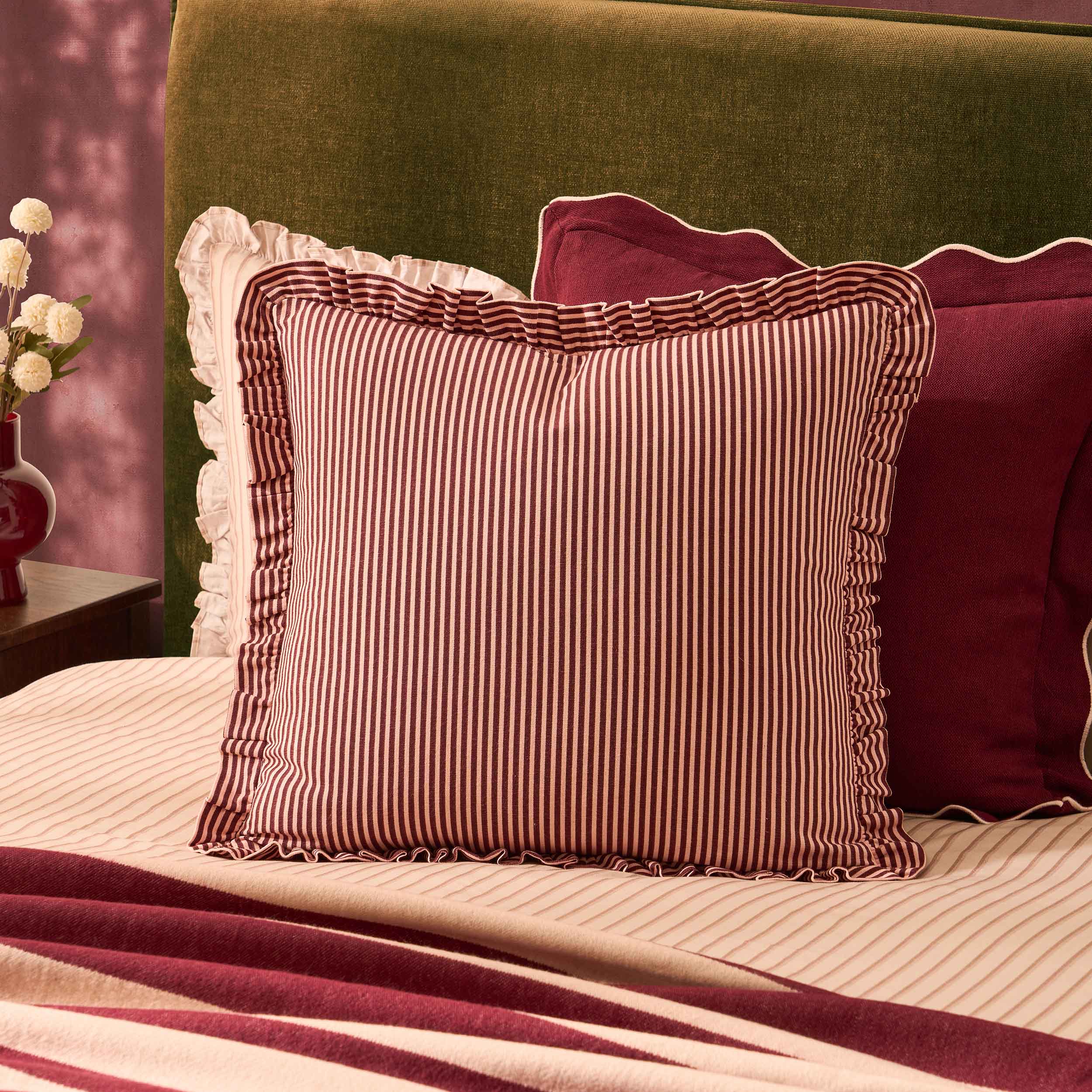 Lulu Cotton Frill Stripe Edge Cushion Cover - Pink