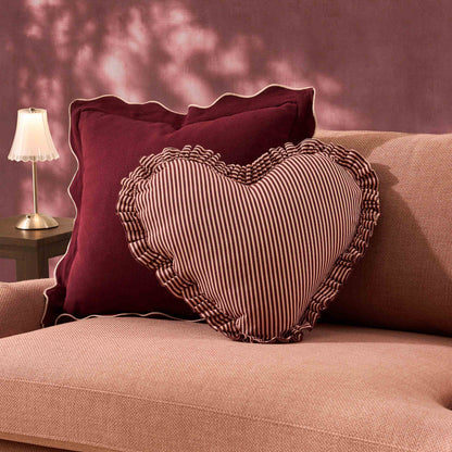 Lulu Cotton Frill Stripe Edge Love Heart Sofa Cushion - Pink