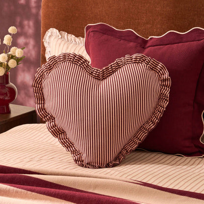 Lulu Cotton Frill Stripe Edge Love Heart Cushion - Pink
