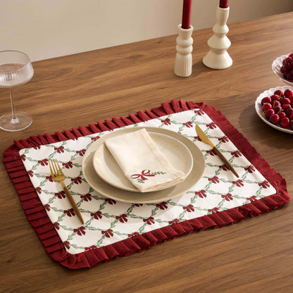 Printed Bow 100% Cotton Christmas Set of 4 Placemats - Red