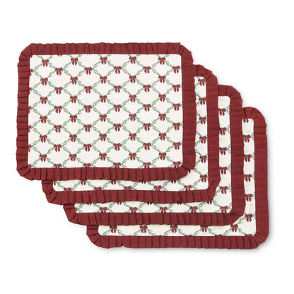 Printed Bow 100% Cotton Christmas Set of 4 Placemats - Red