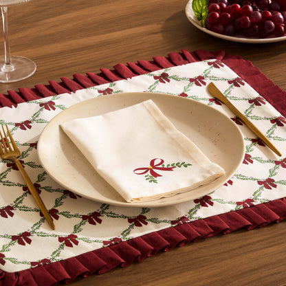 Printed Bow 100% Cotton Christmas Set of 4 Napkins - Red