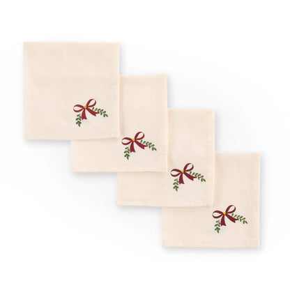 Printed Bow 100% Cotton Christmas Set of 4 Napkins - Red
