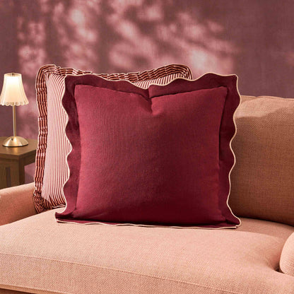 Linen Blend Scallop Edge Cushion Cover - Burgundy/Pink