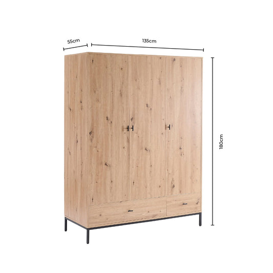 Willow 3 Door Wardrobe with Drawers - Mango Wood