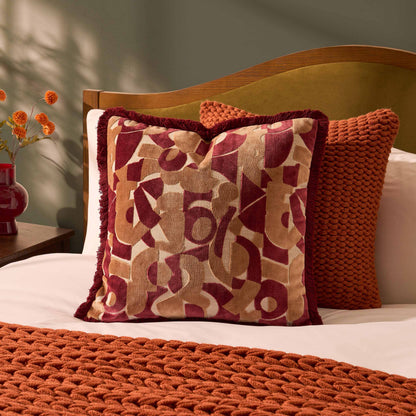 Zea Fringe Edge Geometric Velvet Cushion Cover - Cranberry