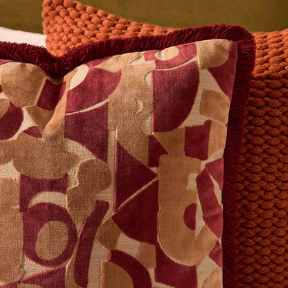 Zea Fringe Edge Geometric Velvet Cushion Cover - Cranberry