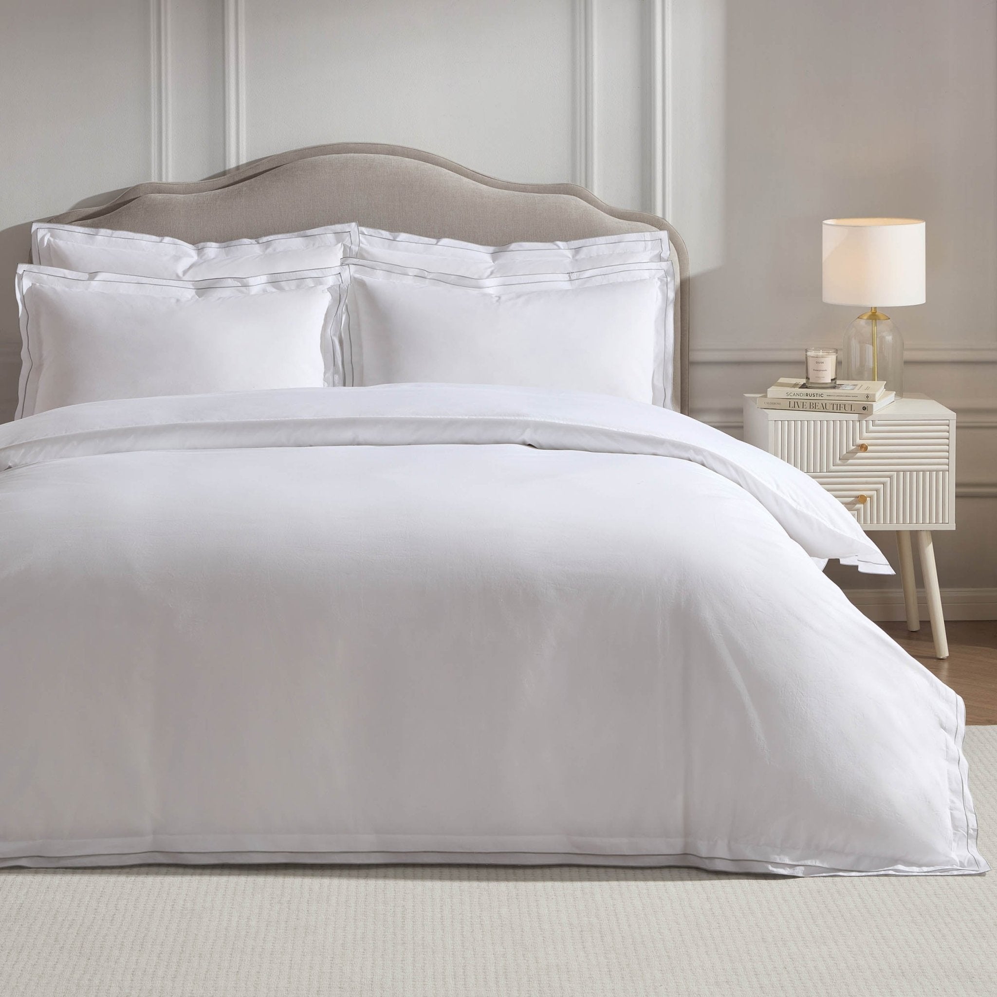 Alessia 300 Thread Count Embroidered Edge Duvet Cover - White/Grey - DUSK