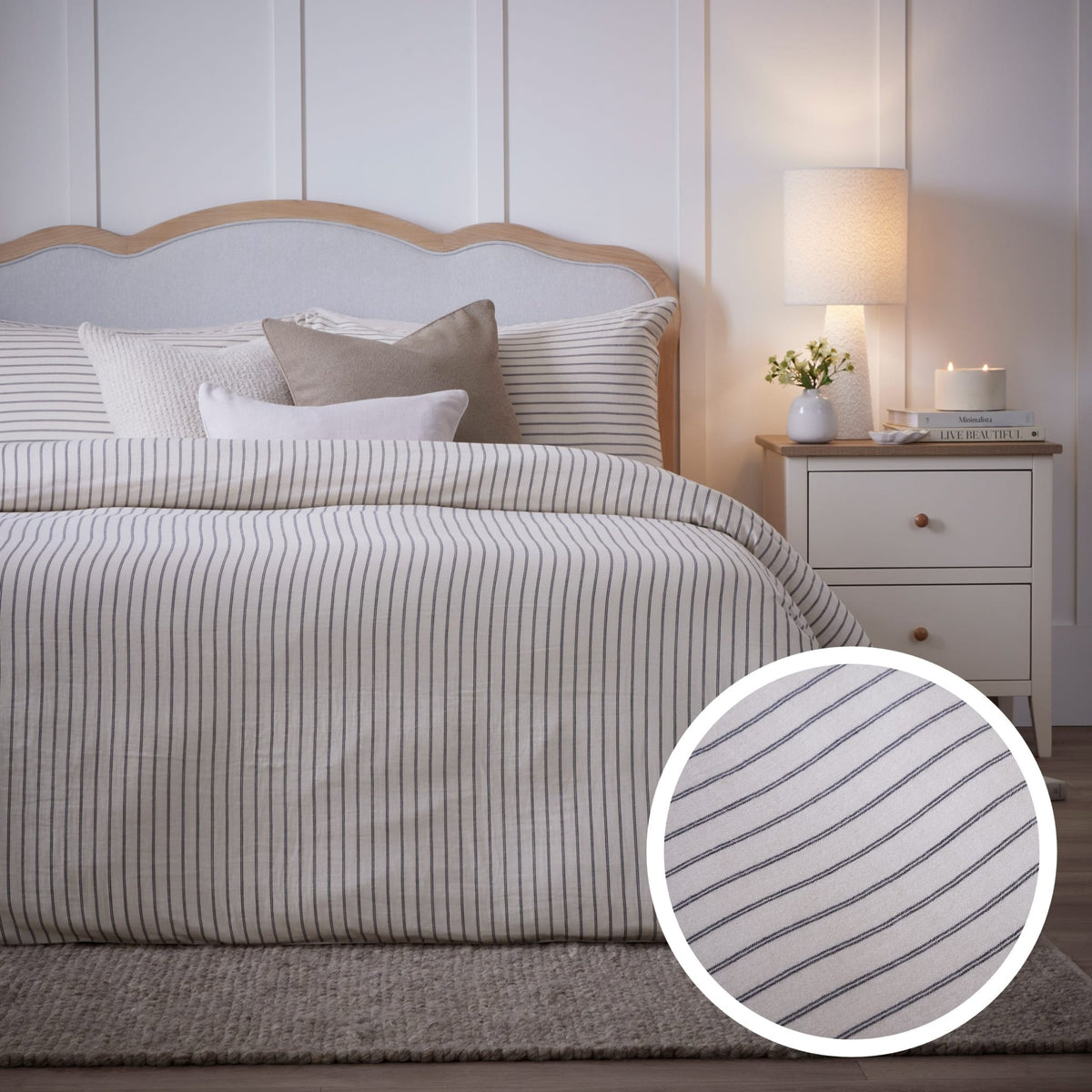 Amalfi 200 Thread Count Pinstripe Duvet Cover & Pillowcase Set - Cream/Navy - DUSK