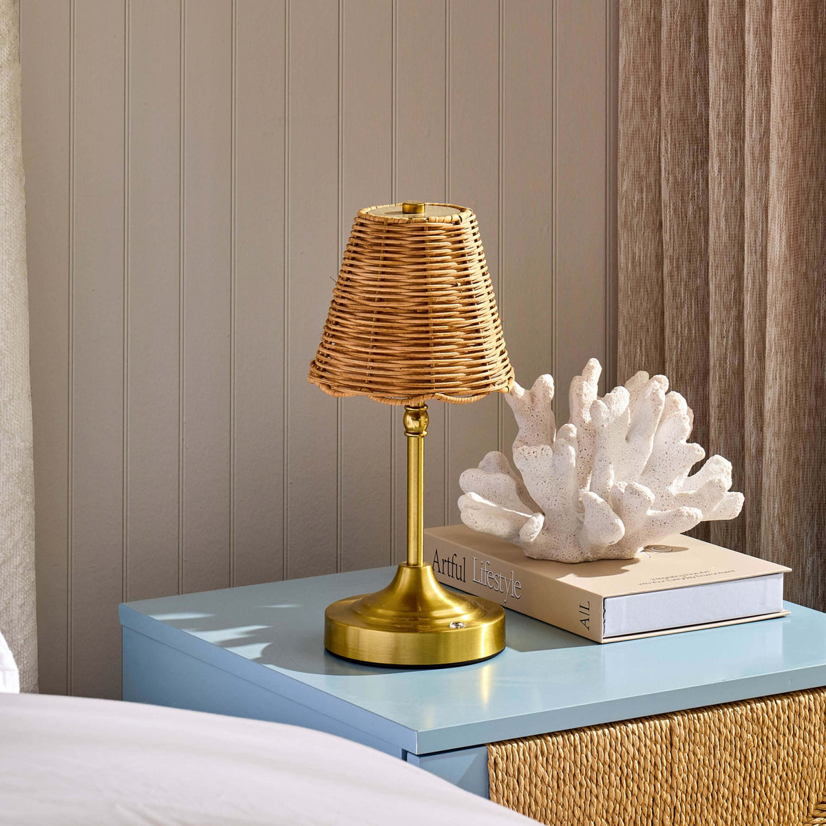 Anika Rechargeable Rattan Table Lamp - Gold - DUSK
