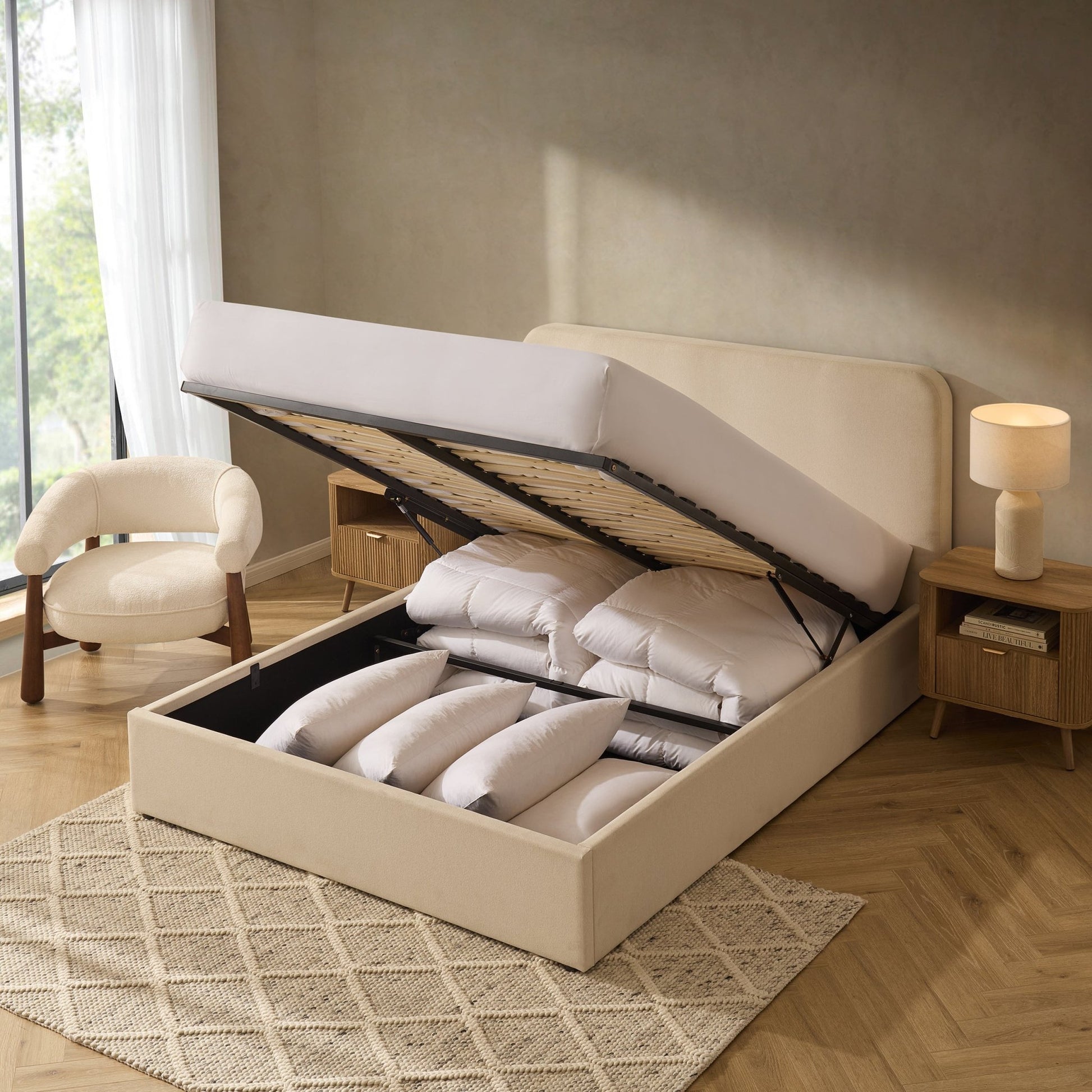 Ascot Ottoman Storage Bed - Cream Linen - DUSK